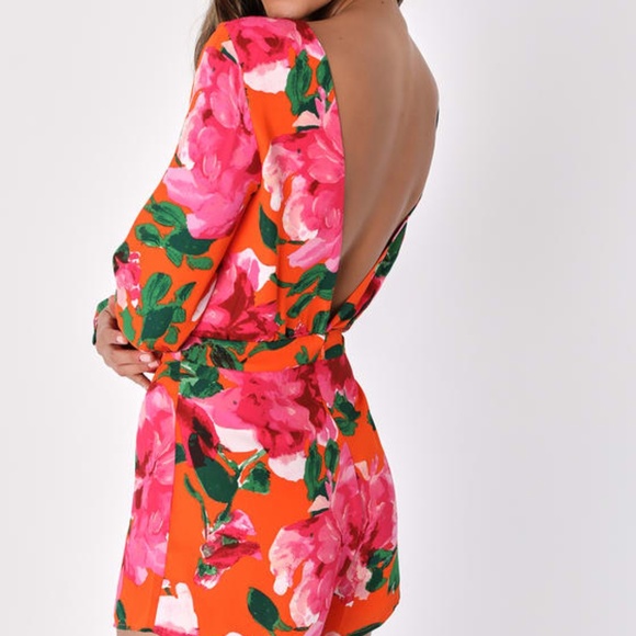 Lulus Sweetest Song Orange Floral Print Backless Long Sleeve Romper - Picture 1 of 7